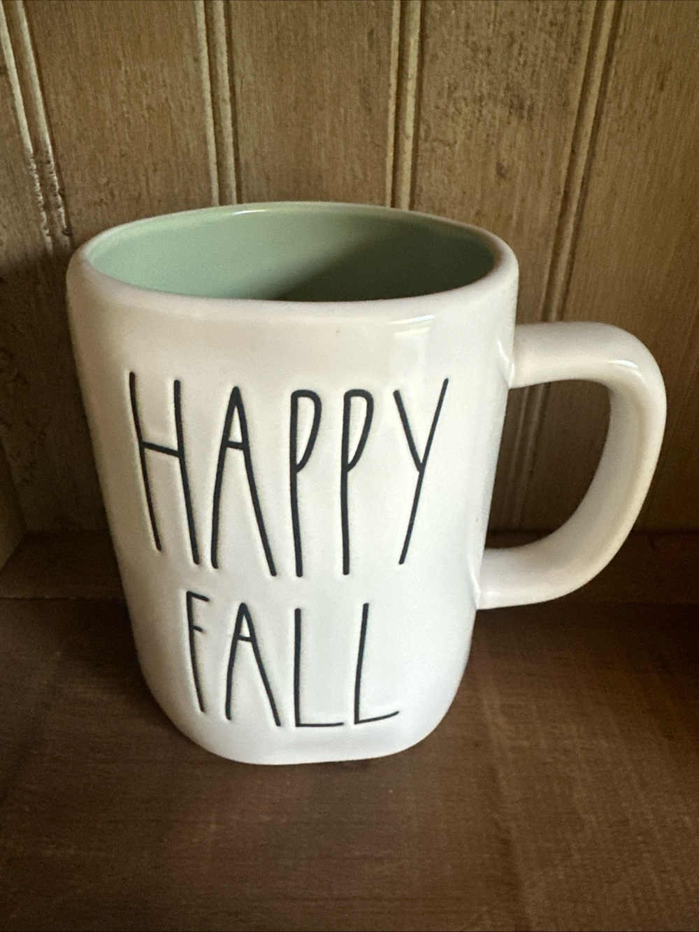 Rae Dunn White Ceramic Double-Sided โHappy Fallโ with Light Green Interior